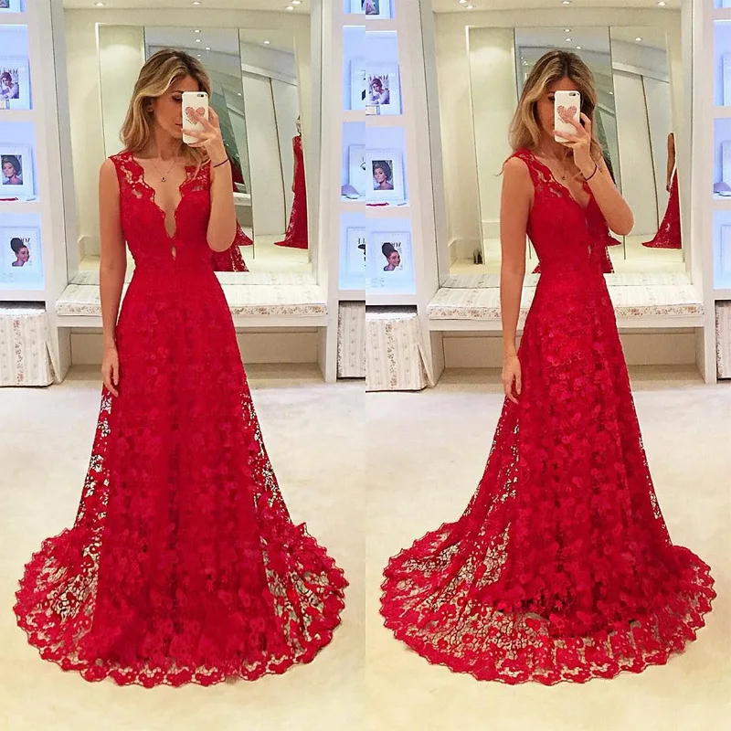 

Mermaid Sleeveless Bright Lace Flowers Red Dress 2022 Women Dress Lace Long Longuette Elegant Party Dresses Formal Vestidos