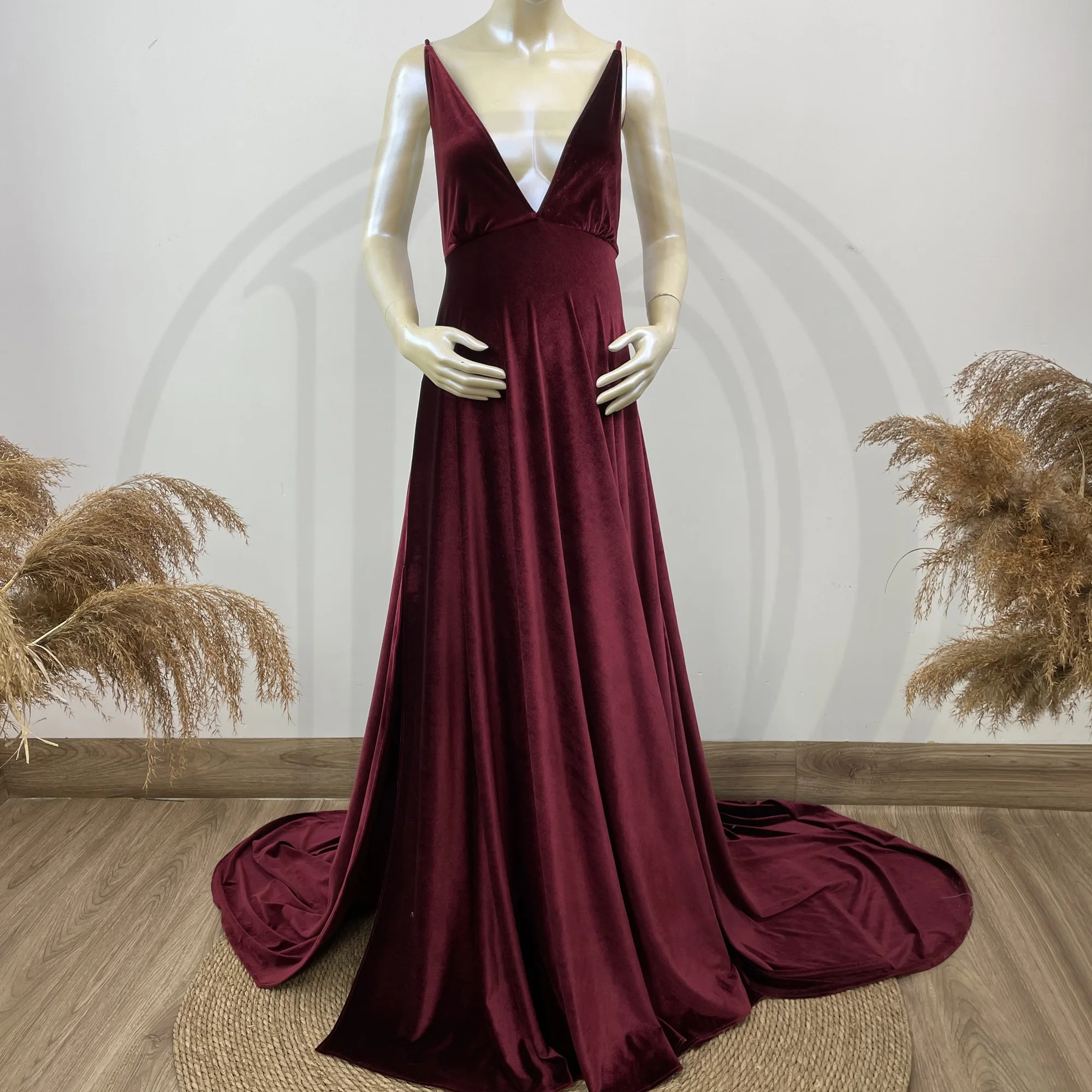 Photo Shoot Deep V Maternity Dress Pregnant Velvet Gown Evening Party Robe for Woman Photography Prop Baby Shower Costume enlarge