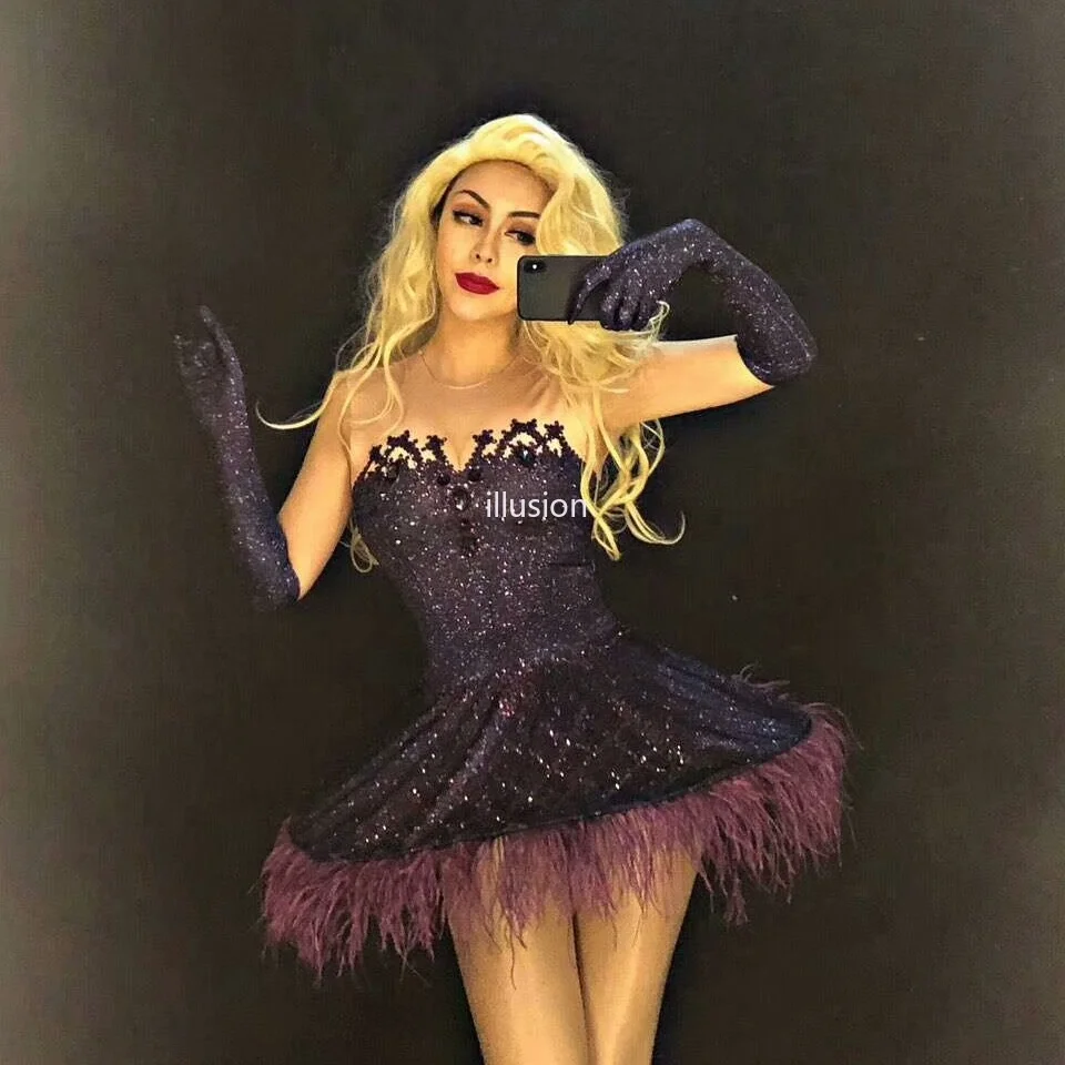 

Purple Feather Dress Women Sexy Sparkling Crystals Rhinestone Dress Nightclub Party Stage Wear Costumes Dancer Singer Clothing