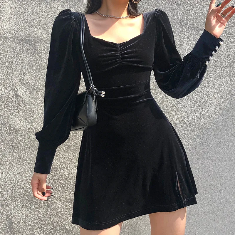 

2021 Velvet Mini Dress Split Sexy Dress Women Vintage A-line Dress Puff Sleeve Square Collar Dress Autumn High Waist Dress