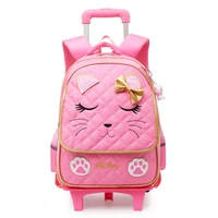 cute cat trolley school bags for girls children backpack with 2 wheels waterproof primary backpack mochila infantil bolsa