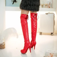 red lady sexy over the knee high heeled boots new lace up side zipper knight botas round toe waterproof platform females shoes