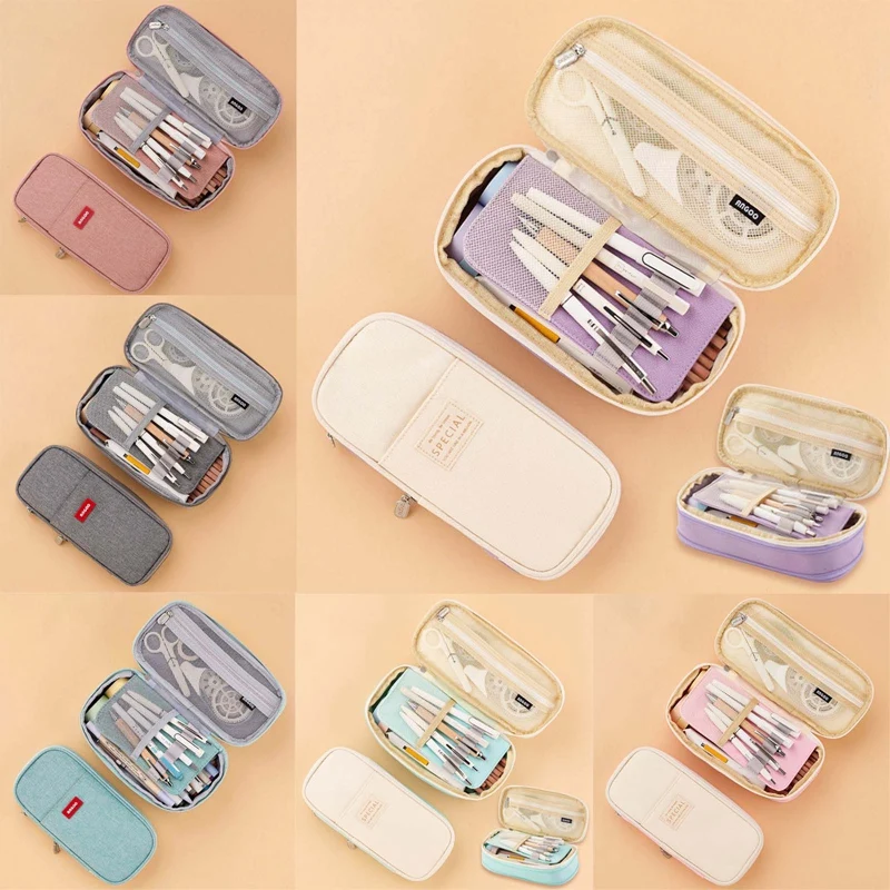 2021 Canvas Double Layer Pencil Case Large Capacity School Student Kids Make Up Bag Pen Box Pouch Bags Stationery Supply | Канцтовары