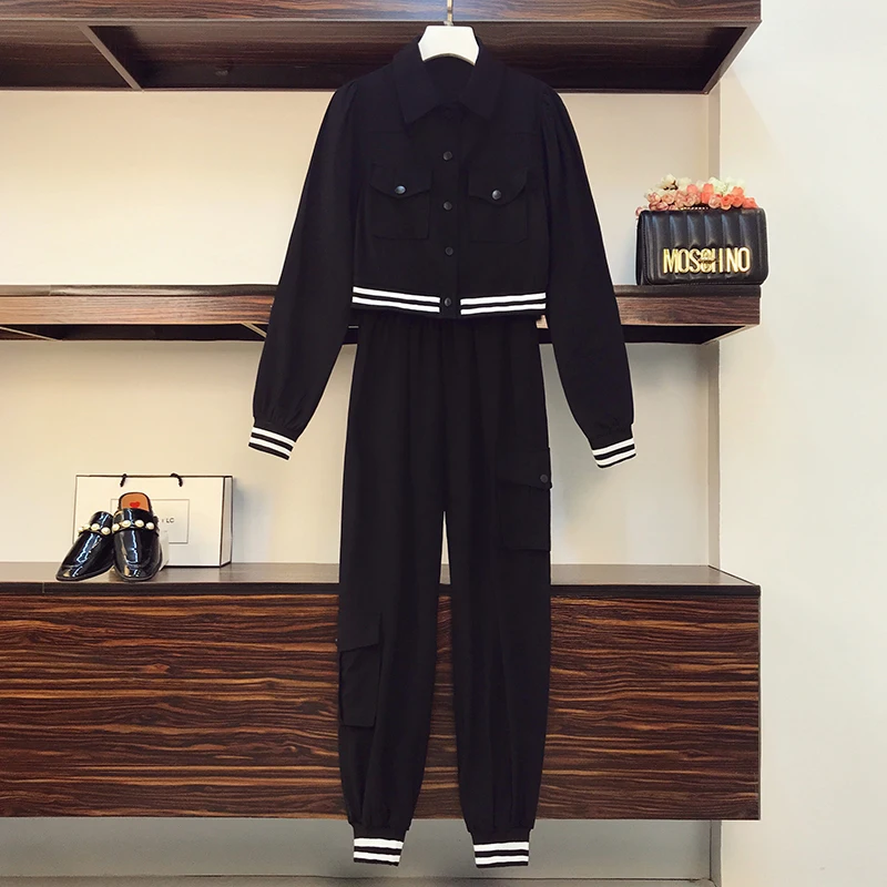 Plus Size 4XL Women High Street Suit Black Clothing Tracksuit Jacket Coat Crop Top And Pant Two Piece Set 2021 Winter Outfits |