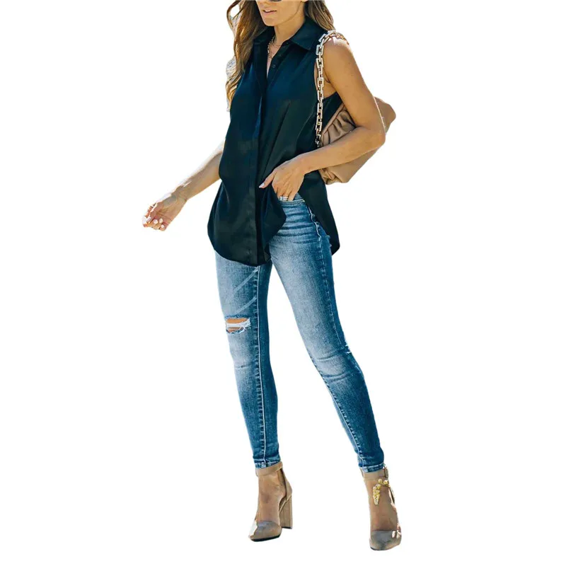 

Womens Fashion Solid Color Sleeveless Shirt Casual Turndown Collar Single-breasted Loose Blouse Office Ladies Elegant Shirt