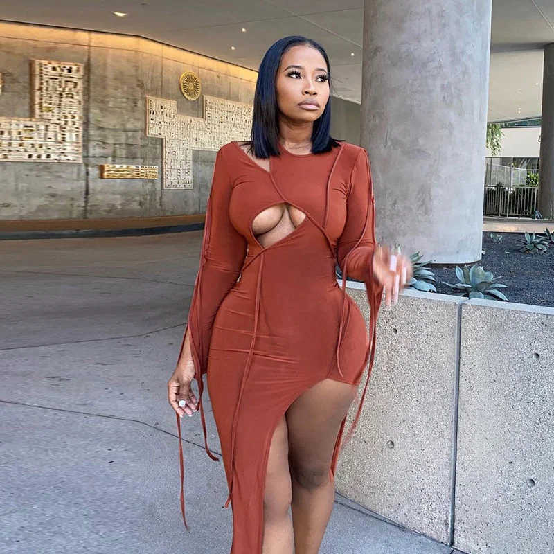 

CHRONSTYLE Women Long Sleeve Dress Autumn Spring 2022 Solid Hollow Out Irregular Hem Dresses Elegant Party Short Female Vestidos