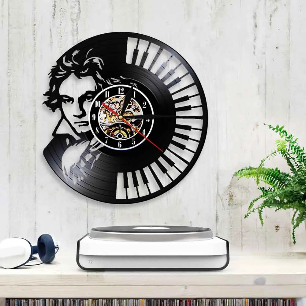 Настенные часы Beethoven для портретного искусства на фортепианной клавиатуре, винтажные настенные часы с виниловой записью, симфония, классический подарок для любителей музыки