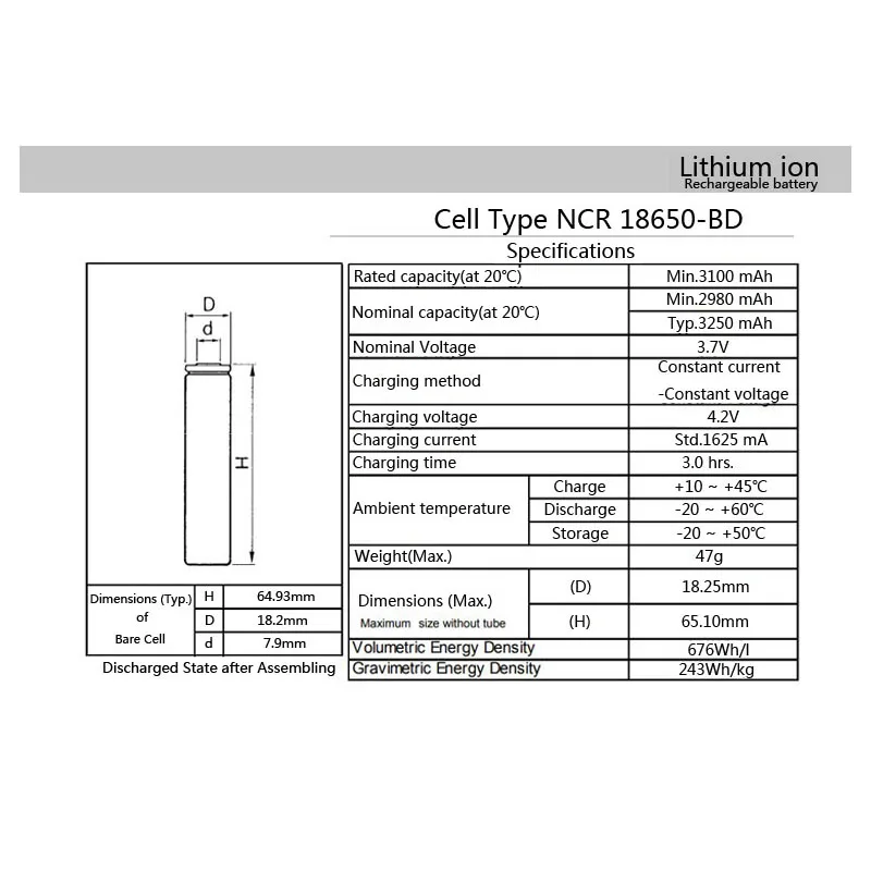 

18650 Battery NCR18650BD 3.7V 3200mah Rechargeable Lithium Battery
