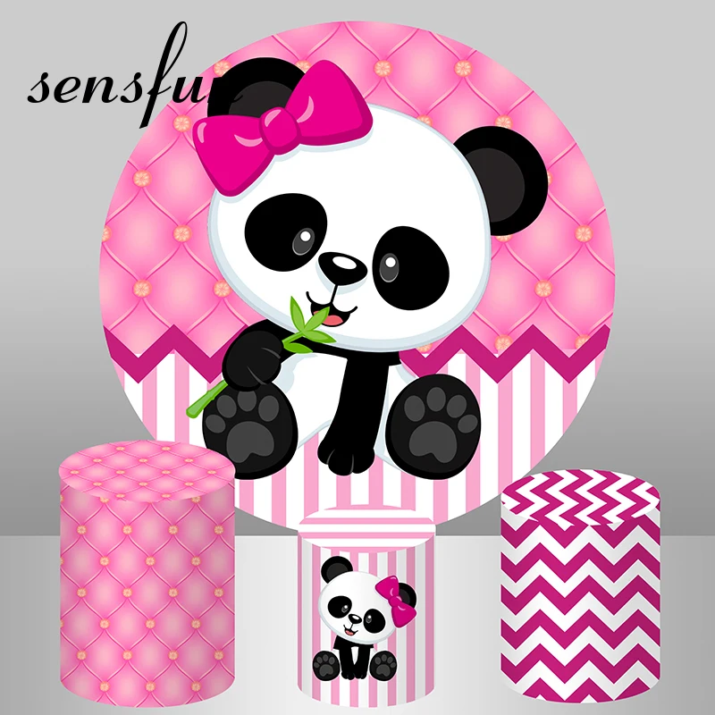 

Sensfun Cute Panda Round Backdrop Cover Pink Girls Newborn Baby Shower 1st Birthday Party Photography Background Cylinder Covers