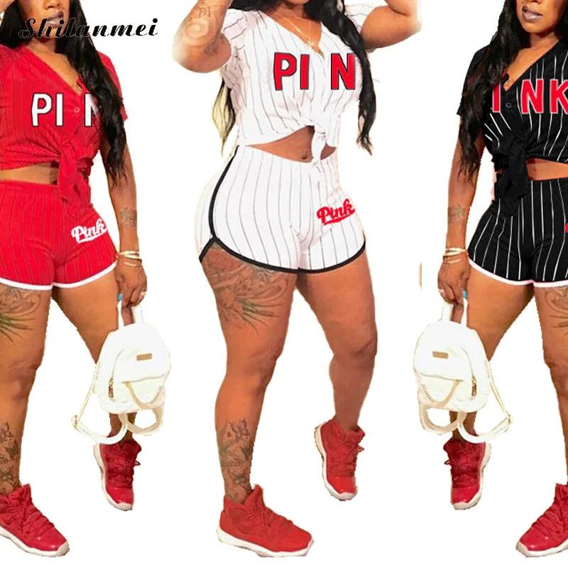 

Женский спортивный костюм розового цвета с буквенным принтом, повседневный комплект из двух предметов в полоску, укороченный топ на шнуров...
