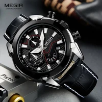 megir 2022 fashion new mens black leather sports multifunction watch chronograph calendar quartz watch luminous pointer 2065g