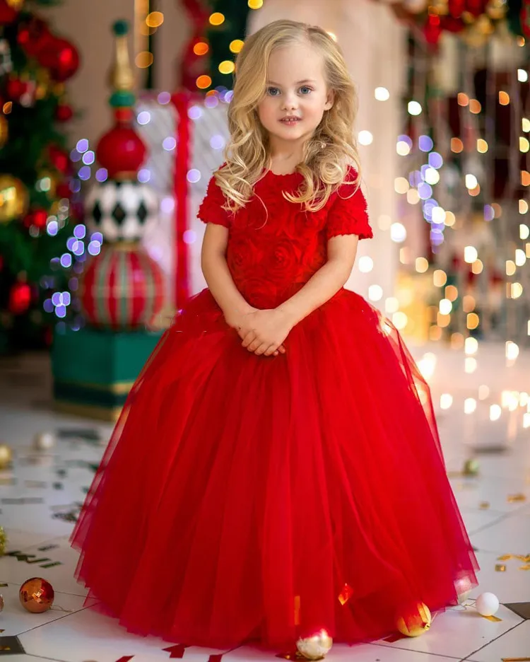 

Custom Red Girls Dresses Tulle O Neck Little Girl Birthday Dresses Kids Clothes Pageant Gowns Zipper Back Kid Size 1-14Y