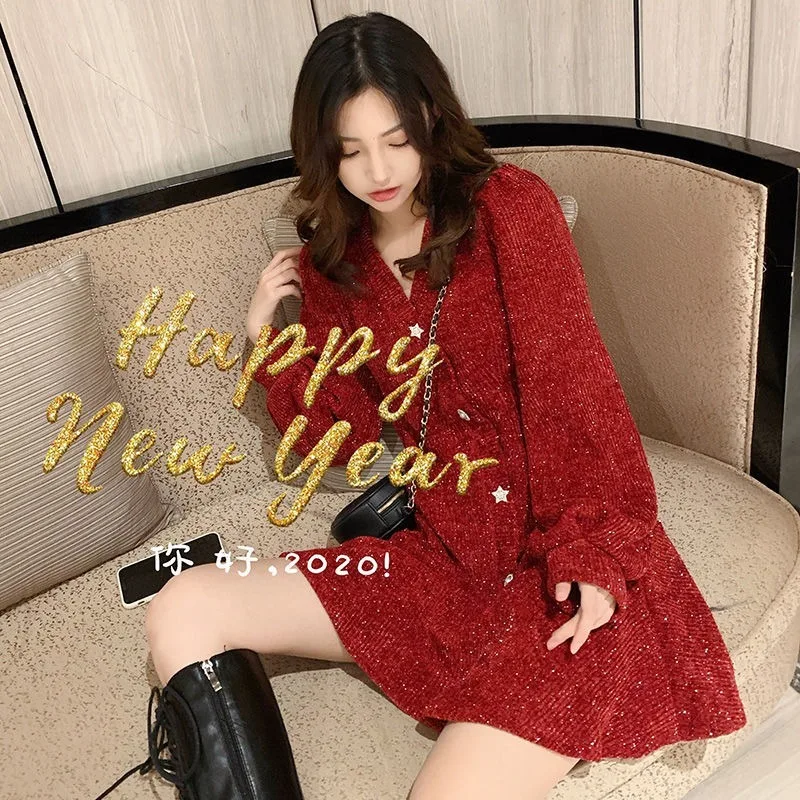 

HSTAR Korean Long Sleeve Dress Women Autumn 2020 Office Pleated Mini Red Party Dress Skirt Button Korean Fashion Clothing Women