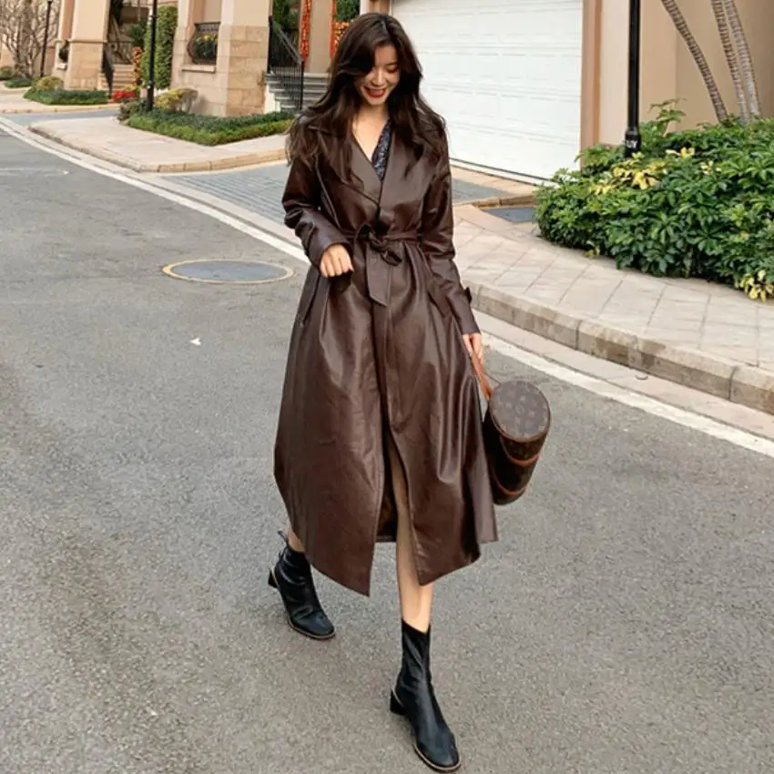 

Windbreaker pu leather jacket for women spring autumn 2021 new retro faux leather trench female fashion belted elegant long coat