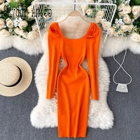 spring autumn puff long sleeve woman dress 2021 bodycon elasticy chic vestidos knitted black sexy party dresses for women tunic