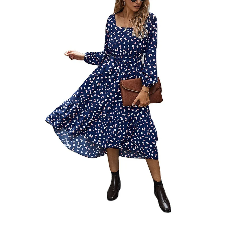 

Autumn and winter new classic print elegant square collar dress girl