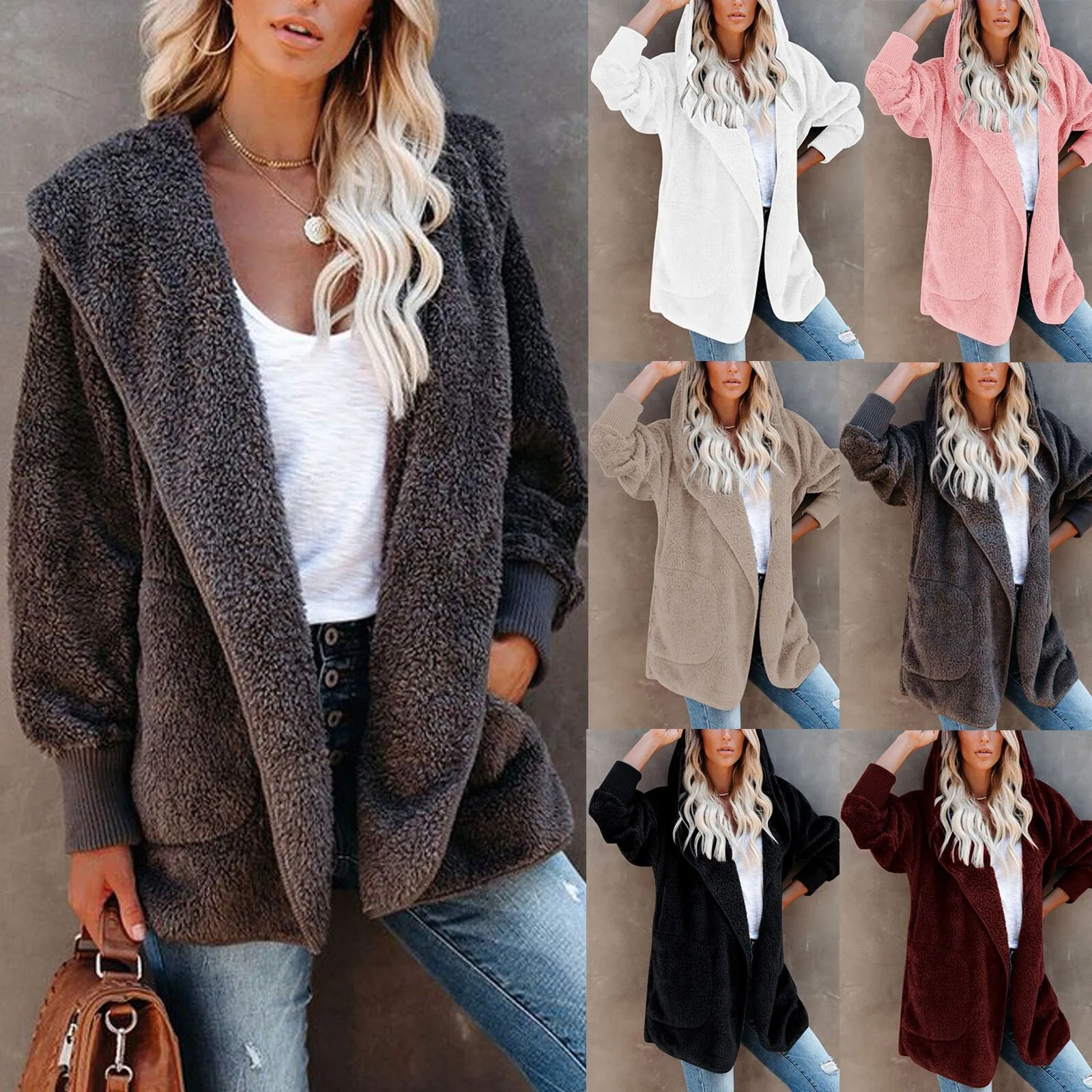 

Plus Size Vogue Warm Plush Coat Casual Ladies Hooded Cardigan Pocket Jacket Coat Female Winter Long Sleeve Womens Outerwear