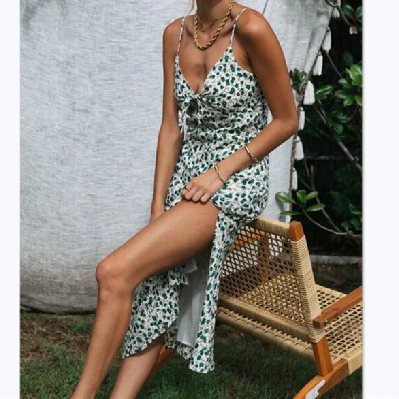 

Fashion Elegant Sexy Women Print Maxi Dress 2020 Summer V-neck Backless Spaghetti Straps Dress