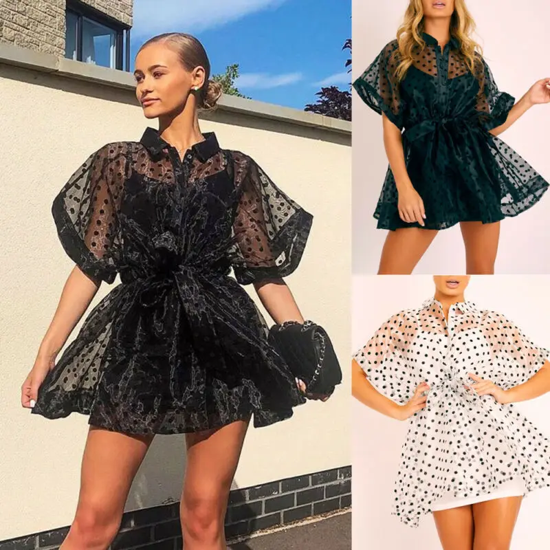 New Sexy Women See Through Party Evening Mesh Dress Sheer Maxi Tulle Lace MIni Dress