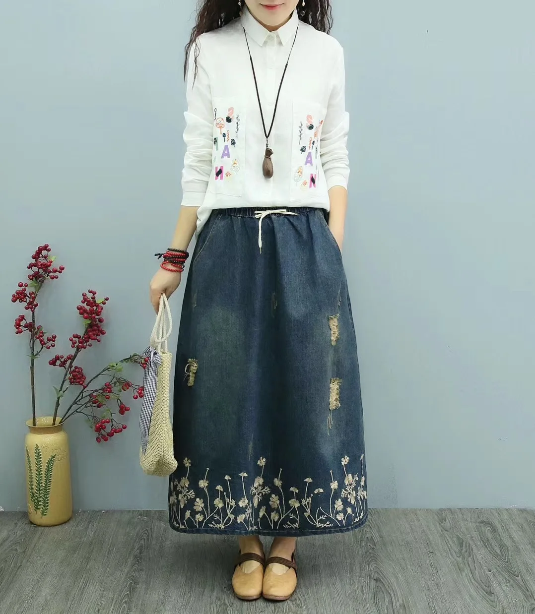 Женская джинсовая юбка с цветочной вышивкой свободная Повседневная Длинная