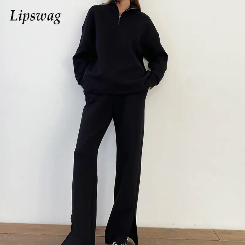

Women Elegant Solid Sweatshirt Sets Autumn Winter Fashion Zipper Tops Pullover and Wide Leg Pants Suits Casual Loose 2pcs Outfit