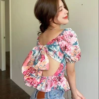 short sleeved women beach summer elf sweet holiday clothes flower print bandage bow knot backless puff sleeve square collar top