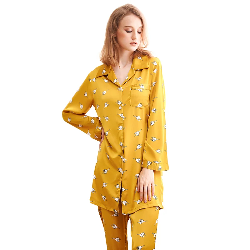 2 Pieces Faux Silk Satin Women Pajamas Set  Autumn Sexy Sleepwear Lingerie Ladies Pyjamas Long Sleeve Home   Nightdress