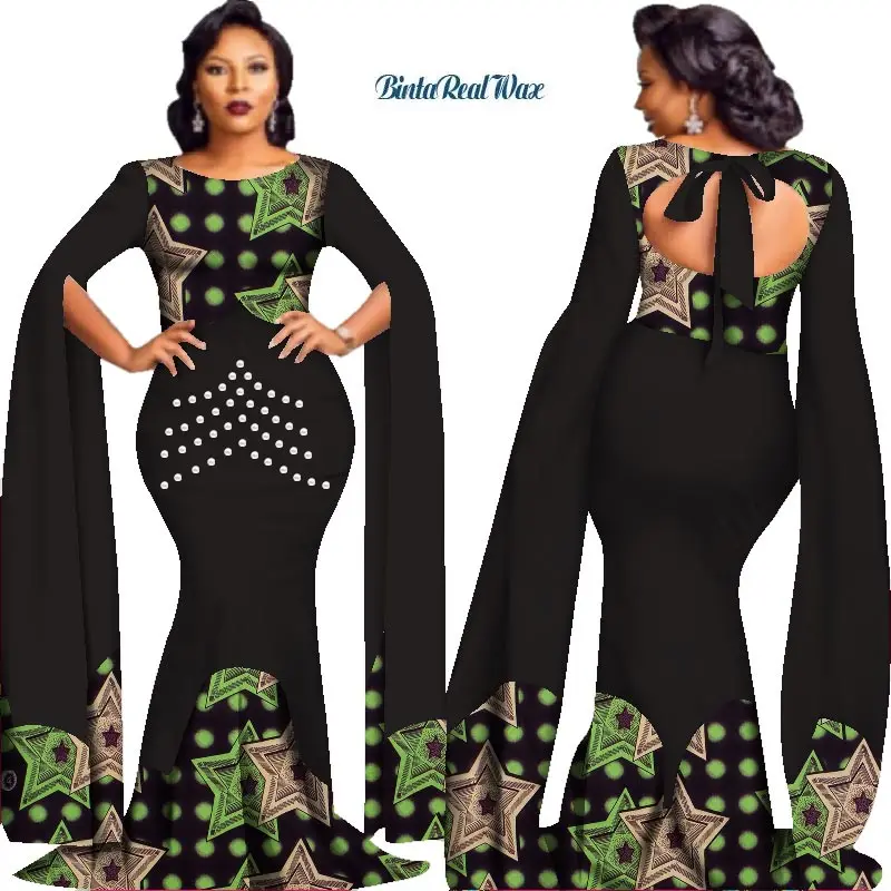 2020 African Print Pearls Dresses for Women Queen-style Vestidos Custom Bazin Long Dress African Clothes Party Dress WY2778