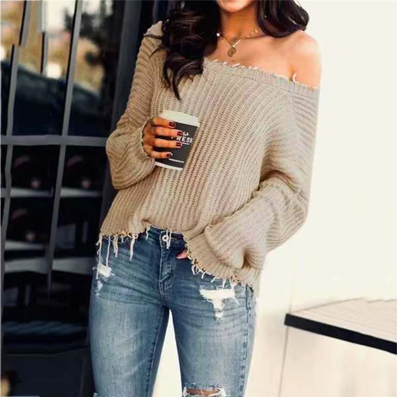 Slash Neck Solid Sweater With Tassel Women's Fashion Casual Slim Fit Long Sleeve Stripe V-neck Knitted Tops Blouse | Женская одежда