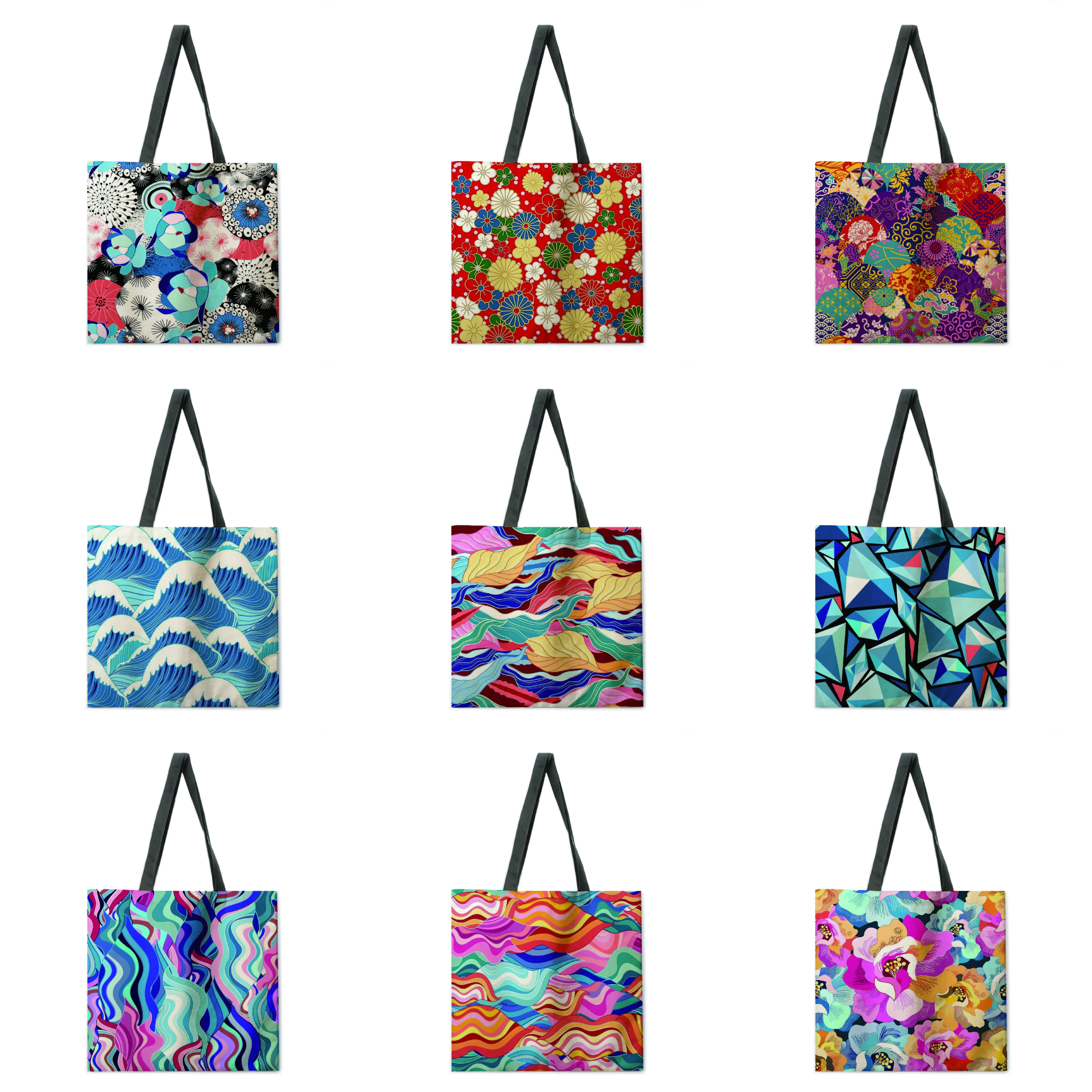 Japanese decorative painting printing tote bag linen fabric bag casual folding shopping bag outdoor beach bag everyday handbag
