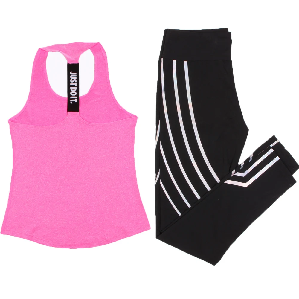Black and Pink Лидер продаж; Йога Комплект Для женщин сексуальный спортивный комплект топ, жилет+ леггинсы Для женщин Фитнес колготки Бег тренировки спортивный костюм - Цвет: Black and Pink