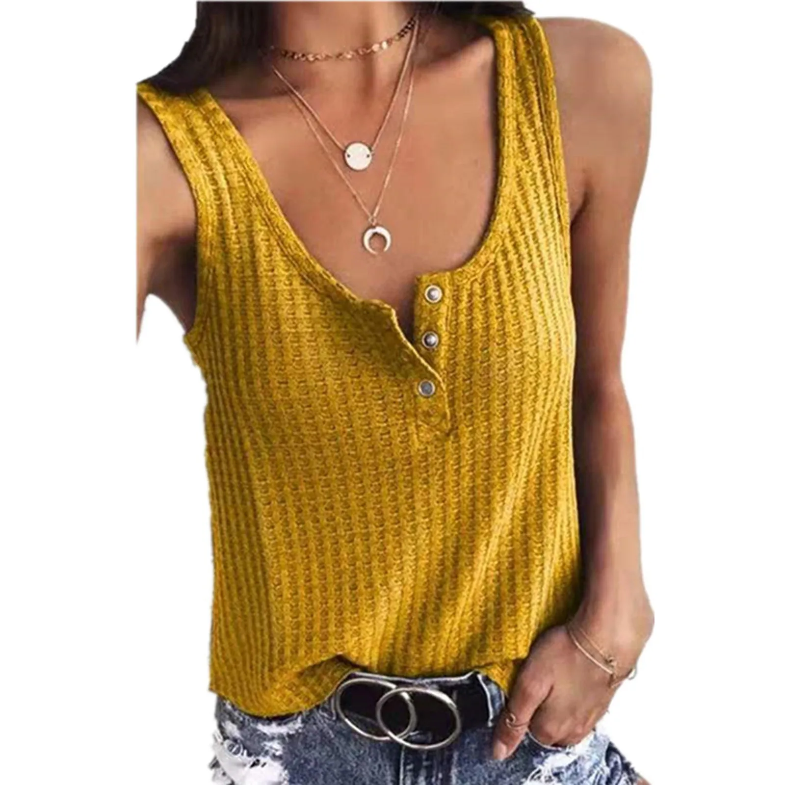 

Yellow Shirts And Tops For Female Plus Size 2021 New Fashion Women's Casual Vest V-neck Solid Shirt Sleeveless Blouse Tank Tops