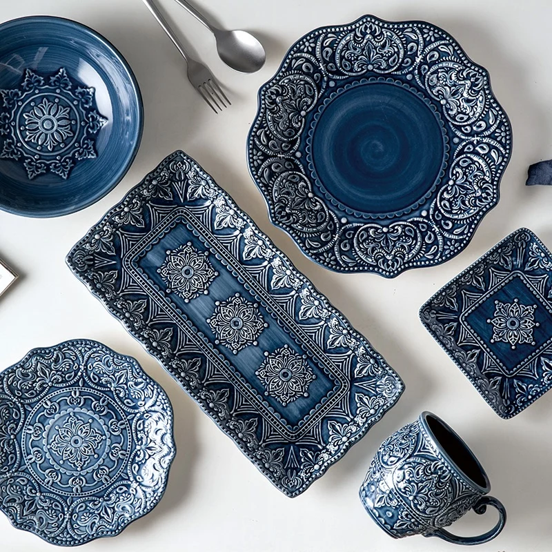 

European Style Dinner Plates Blue Porcelain Breakfast Vintage Dinner Plates Western Fashion Assiette Kitchen Tableware EI50DP