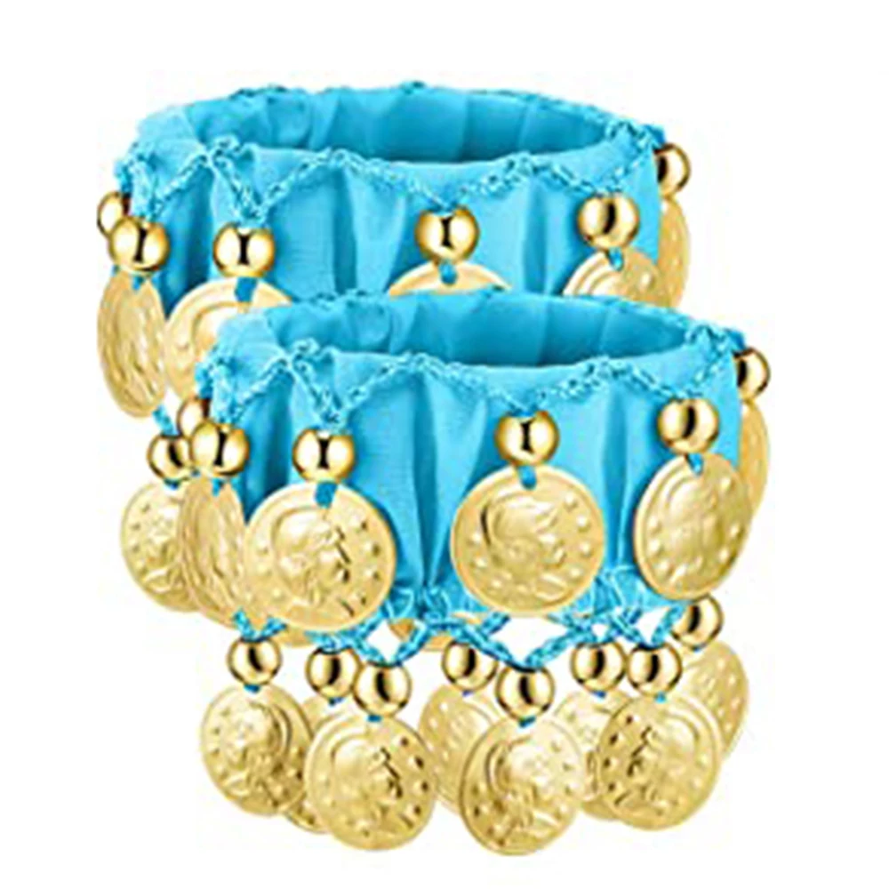 1 Pair Belly Dance Wrist Ankle Cuffs Bracelets Chiffon Gold Coin Belly Dance Costume Accessory