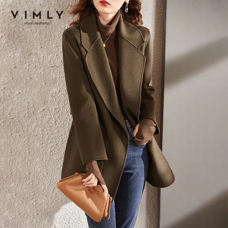 

VIMLY Winter 100% Wool Coats Women Long jackets 2021 Korean Fashion Lapel Pockets Overcoat Elegant Female Woolen Coat 50153