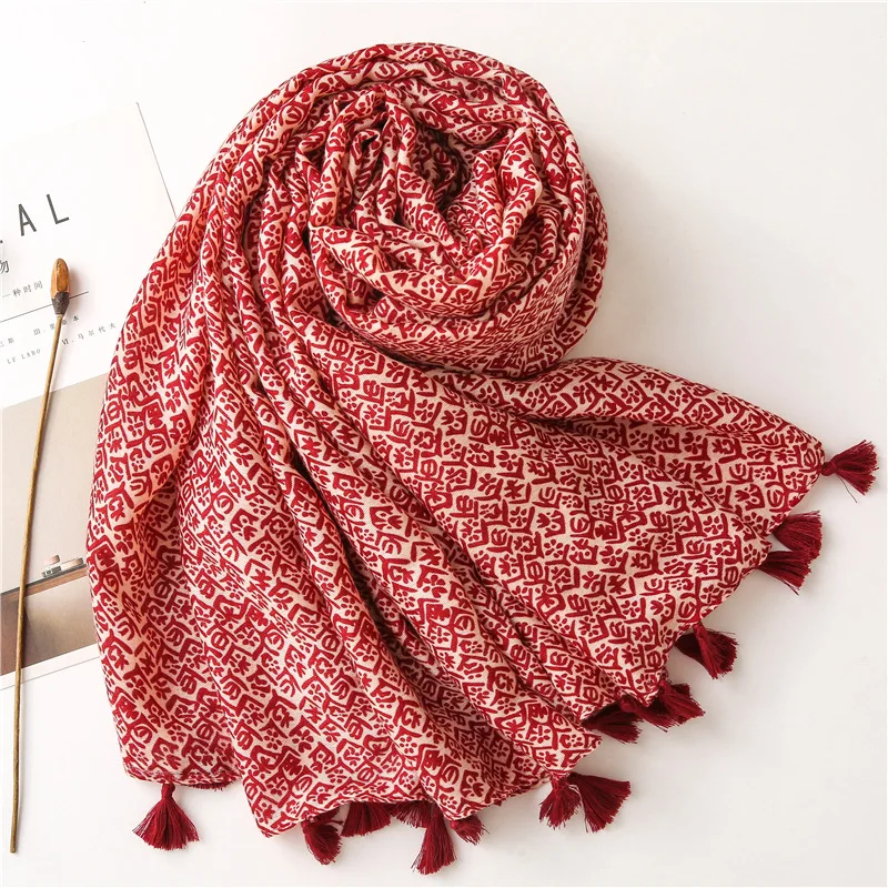 

Ladies New Fashion Maroon Geometric Tassel Viscose Shawl Scarf Autumn Winter Muffler Headband Foulards Sjaal Wrap Hijab Snood