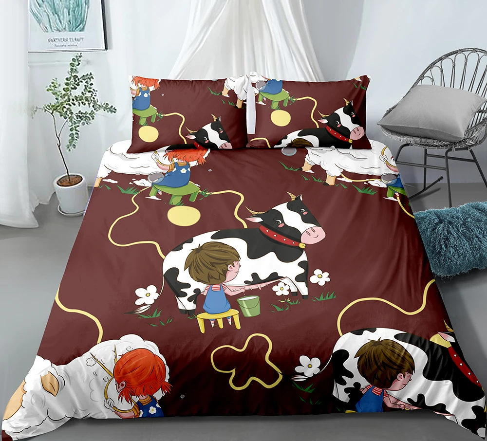 2/3 Pieces Cows Bedding Set Milking Cartoon Duvet Cover 3D Print Bedroom Home Textile Decor Brown Background Bed Quilt | Дом и сад