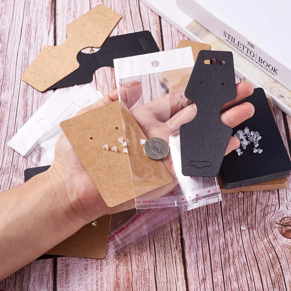 pandahall 500pcs/set Cardboard Display Cards Used For Necklace and Earring with Plastic Ear Nuts and Cellophane Bags Mixed Color