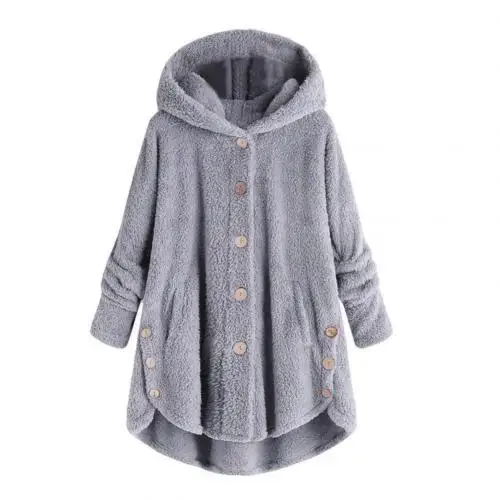 Grey Новое поступление зимние женские однотонные пальто с длинными рукавами и пуговицами теплый Пушистый пуловер с капюшоном - Цвет: Grey