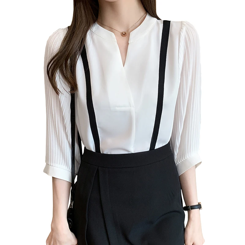 

V-neck white shirt women's Quarter Sleeve Chiffon Top unique design in 2021 summer