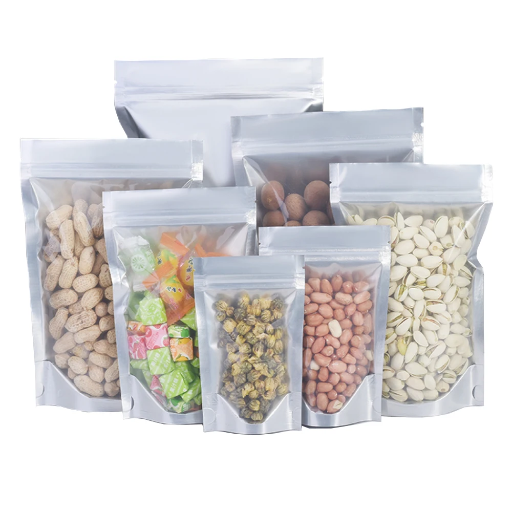 

100Pcs Pure Aluminum Zip Lock Tear Notch Stand Up Bag Waterproof Reusable Candy Bean Liquid Nut Food Packaging Storage Pouches