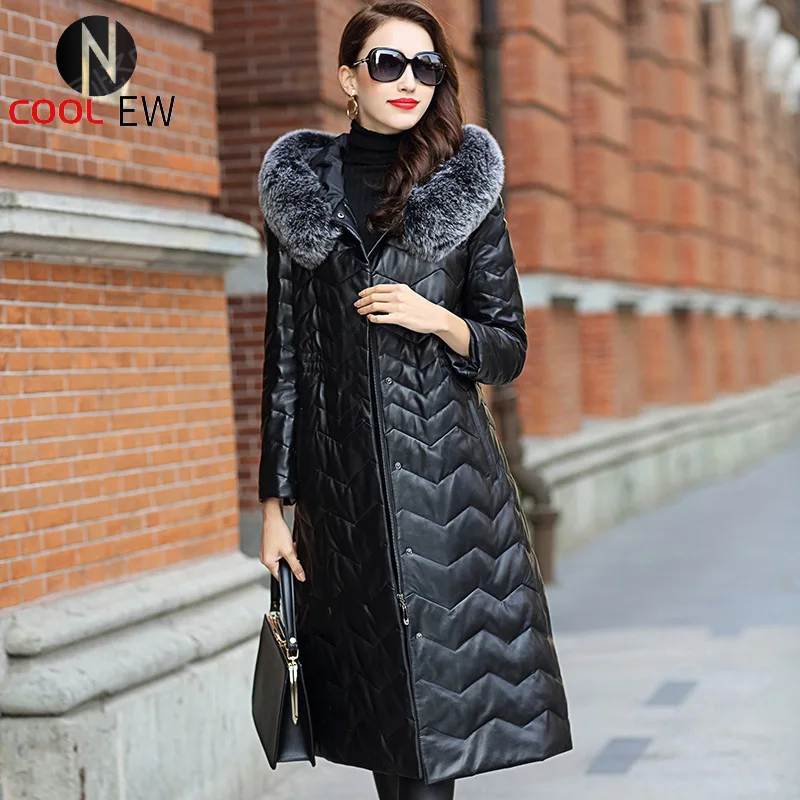 

Brand Winter Genuine Leather Female Jacket 2021 New Fox Fur Hooded Sheepskin Down Coat Runway Luxury Zipper Warm Long Overcoat