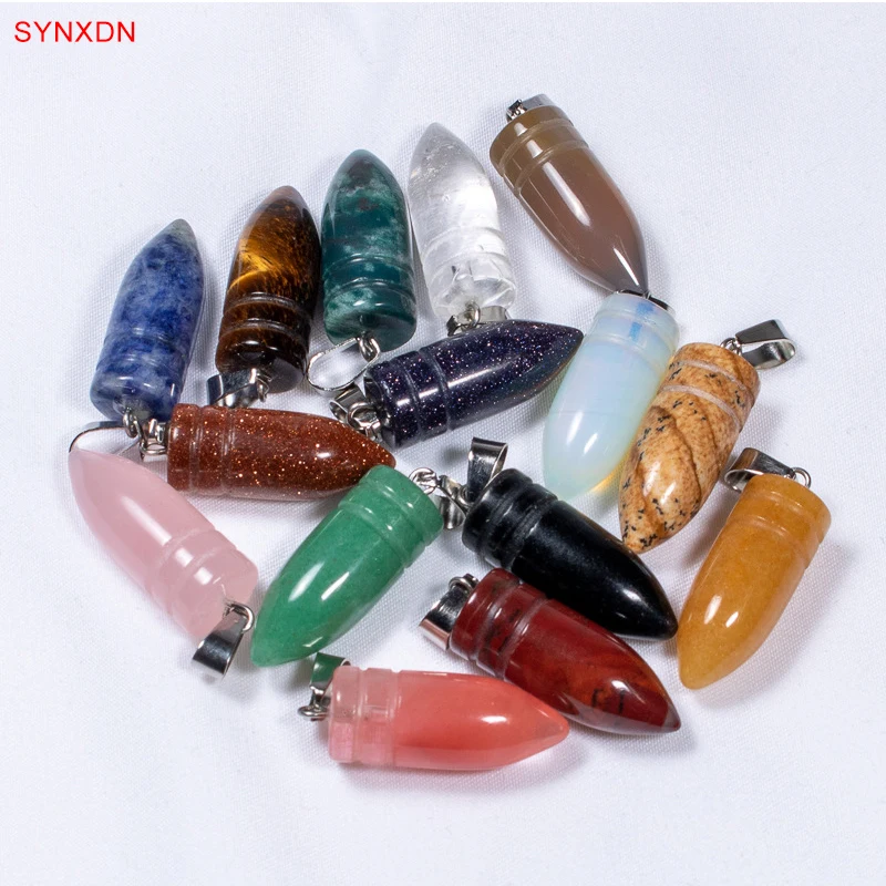 50PCS Wholesale Natural Gem Stone Beads Fashion Bullet Necklace Pendant 10*25mm Pendulum Reiki  Diy Jewelry Accessories Agate