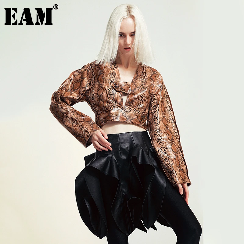 

[EAM] Женская открытая блуза со змеиным узором, новая свободная рубашка с v-образным вырезом и длинными рукавами, модная весенне-осенняя 2022 JX599