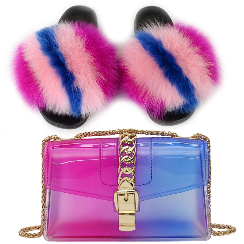 

Шлепанцы и кошелек меховые женские, прозрачные, на цепочке