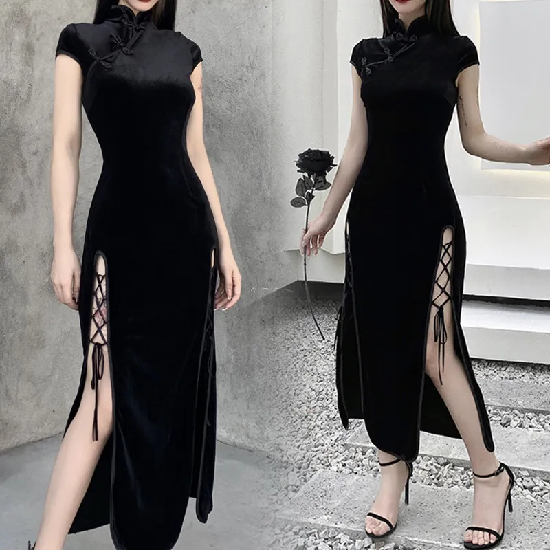 

Чонсам в китайском стиле для девушек, Черное короткое приталенное платье с коротким рукавом и вышивкой, чонсам, трапециевидная юбка с принт...