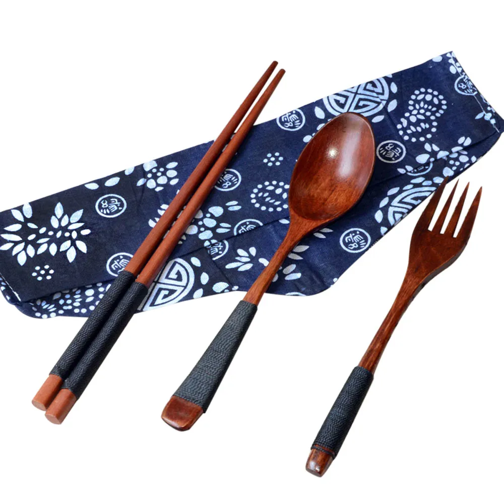 

Portable Tableware Wooden Cutlery Sets With Useful Spoon Fork Chopsticks Travel Gift Dinnerware Suit With Cloth Bag New #763