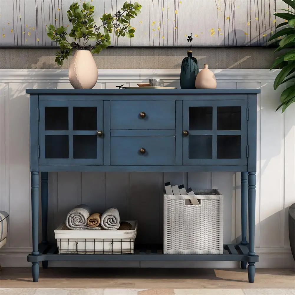 

Sideboard Console Table With Bottom Shelf Farmhouse Wood/glass Buffet Storage Cabinet