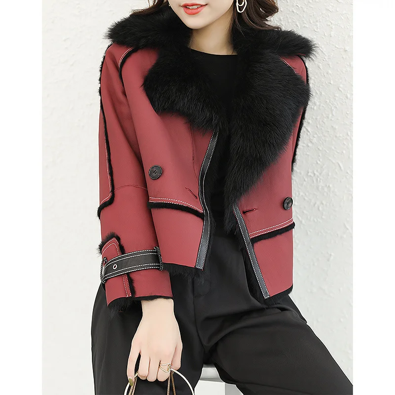 

Lamb Fur Fur Integrated Fur Motorcycle Women's Short Coat Coat New Autumn and Winter 2021