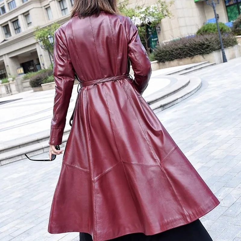 

Luxury Ladies Real Fashion Leather Long Jacket Streetwear Slim Fit Belt Windbreakers Autumn Winter Elegant Sheepskin Overcoat